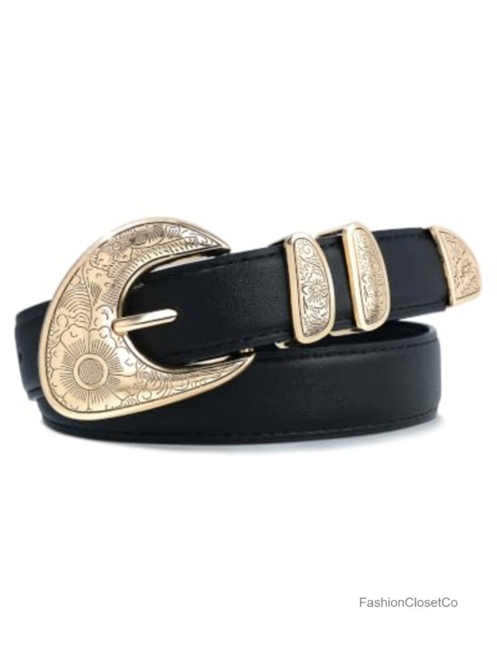 Western Leather Belt Floral Engraved Gold Buckle Trim-To-Fit